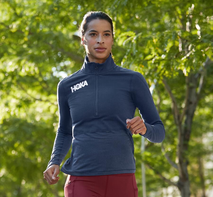 Top Hoka One One Mujer Azul Marino - 1/2 Cremallera Midlayer - FQMN30478